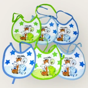 Pastello 6 Pezzi Bavetta Piccola In Spugna 100% Cotone Stampata Chiusura Con Laccetti  Art. Bav9072m