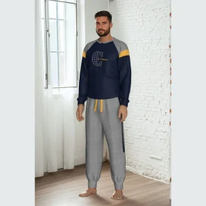 El Charro Inverno Pigiama Serafino Uomo Bicolore In Caldo Cotone 100% Con Stampa  Art. Elp53