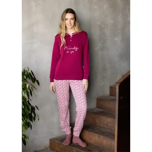 Irge Inverno Donna Pigiama Serafino 3 Bottoni In Caldo Cotone 100% Bicolore Con Ricamo Art. Mii2416