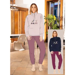 Irge Coral Donna Pigiama 3 Bottoni Lupetto Bicolore In Morbido Coral Con Ricamo Art. Mic2488