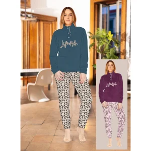 Irge Coral Donna Pigiama 3 Bottoni Lupetto Bicolore In Morbido Coral Con Ricamo Art. Mic2492