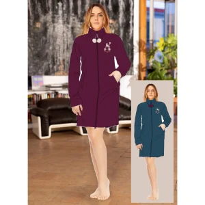 Irge Coral Donna Vestaglia Tinta Unita Full Zip In Morbido Coral Con Ricamo Art. Mic2483