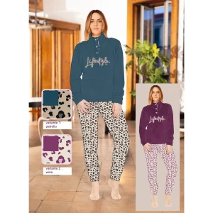 Irge Donna Coral Pigiama Calibrato 3 Bottoni Lupetto Bicolore In Morbido Coral Con Ricamo Art. Cdmc224