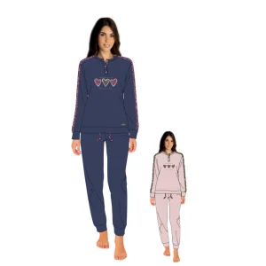 You & Me Inverno Pigiama Donna Serafino 3 Bottoni Tinta Unita In Caldo Cotone Con Stampa Art. Ymi720