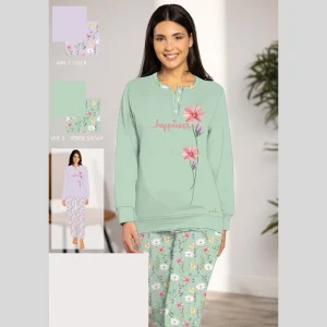You&me Primavera Pigiama Donna Lungo Serafino Pantalone Stampato In 100% Cotone Con Stampa Art. Yml767