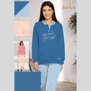 You&me Primavera Pigiama Donna Lungo Serafino Bicolore In 100% Cotone Con Logo Art. Yml777