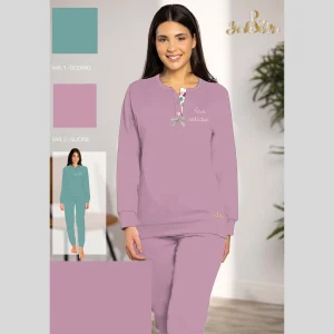 You&me Primavera Pigiama Donna Lungo Serafino Tinta Unita In 100% Cotone Con Logo Art. Yml792