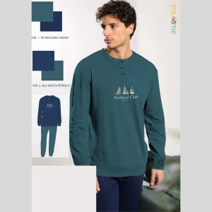 You&me Primavera Pigiama Uomo Lungo Serafino Bicolore In 100% Cotone Con Stampa Art. Yml821