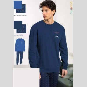You&me Primavera Pigiama Uomo Lungo Serafino Bicolore In 100% Cotone Con Logo Art. Yml824