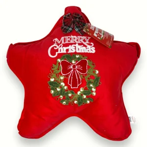Irge - Cuscino Forma Stella Di Natale Con Ricamo Merry Christmas Art. X403