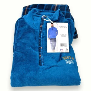 Karel - Pigiama Uomo Lupo Zip In Caldo Coral Fleece Con Pantalone Fantasia Art. Kf5264