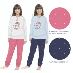 Irge - Pigiama Bimba Cotone Lungo Serafino 3 Bottoni Con Stampa In Puro Cotone  Art. Ik295