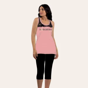 You&me Pigiama Donna Pescatore Spalla Larga Stampato Con Insertoin Pizzo In Puro Cotone  Art. Y&m330