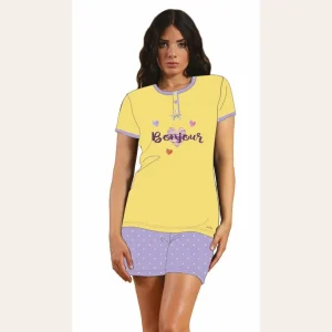 You&me Pigiama Donna Corto Mezza Manica Stampato Con Applicazioni In Puro Cotone  Art. Y&m314