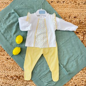 COMPLETO NASCITA NEONATA IN COTONE BIANCO E GIALLO