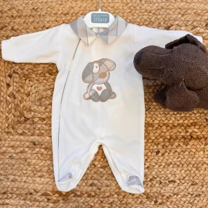 tutina neonato ciniglia panna e grigio con cagnolino