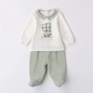 Tutina neonato caldo cotone con orsetto verde