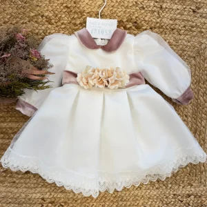 Abito battesimo bimba in raso e velluto con fiori