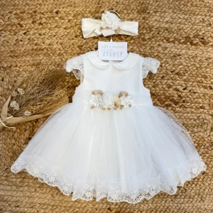 Abito battesimo bimba tulle e pizzo con fascia