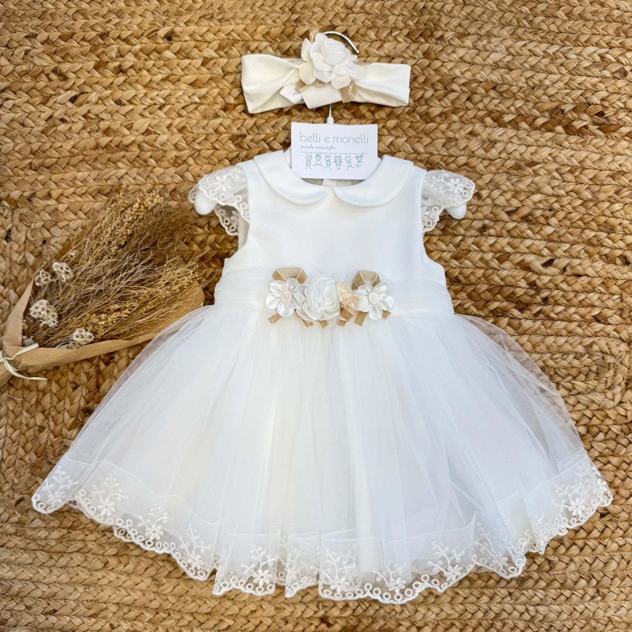 Abito battesimo bimba tulle e pizzo con fascia