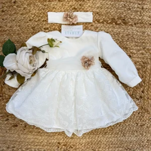 Abito battesimo bimba manica lunga con fascia e fiori
