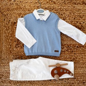 COMPLETO BAMBINO CON GILET AZZURRO E CAMICIA BODY