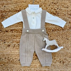 Completo neonato lana e cashmere beige con bretelle