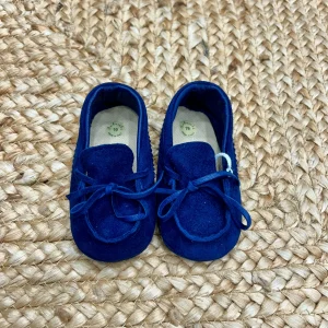 Mocassini battesimo bimbo in suede blu con suola antiscivolo
