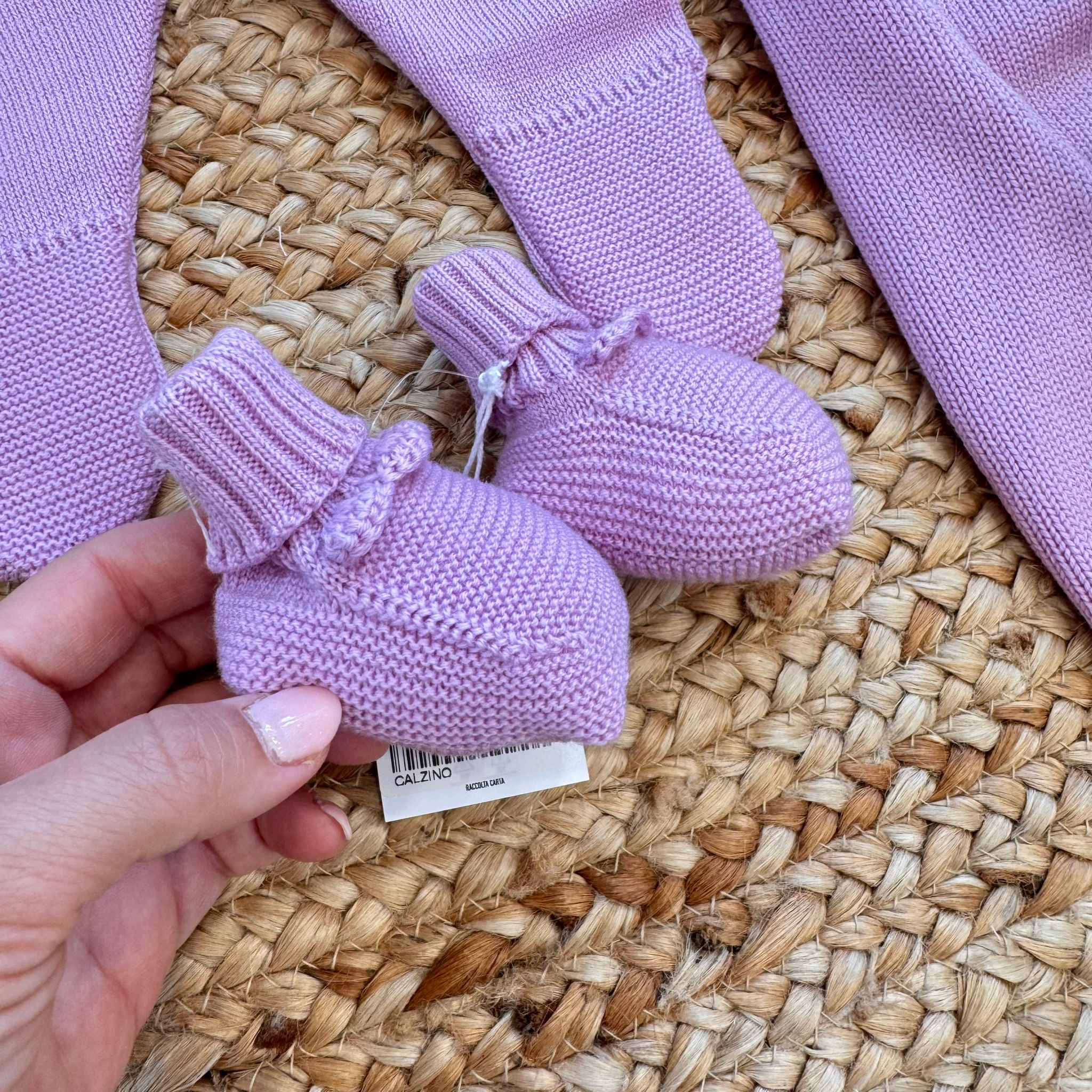 Set nascita neonata pura lana glicine con ricamo tartaruga - immagine 4