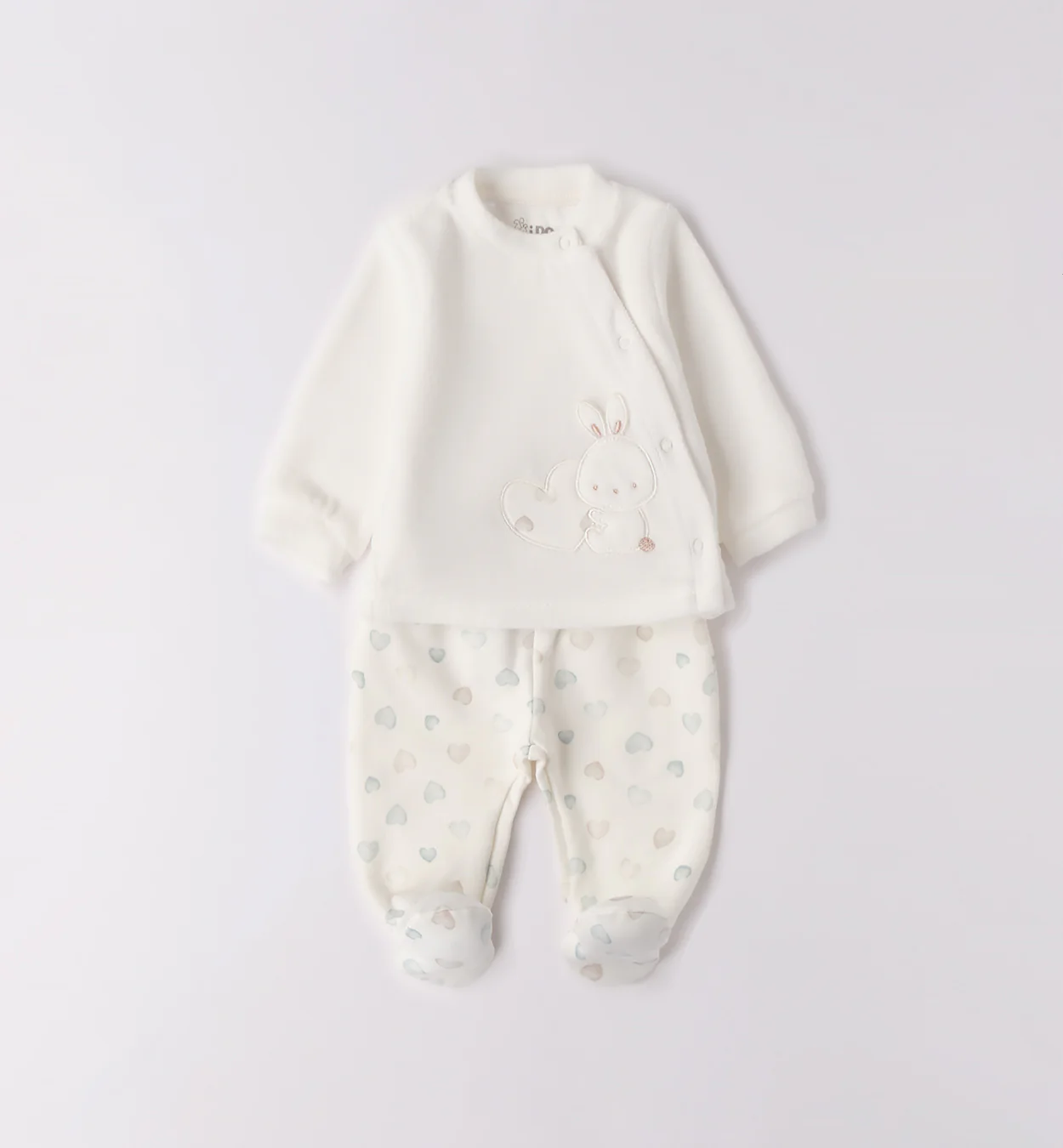 Tutina neonata ciniglia bianca coniglietto e pantalone cuori