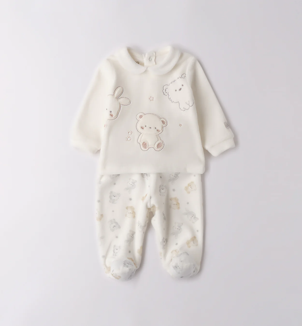 Tutina neonato/a unisex in ciniglia bianca con fantasia animaletti