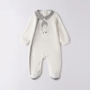 Tutina in ciniglia neonato panna con colletto grigio e ricamo anatroccolo