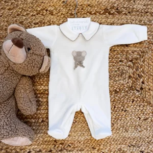 Tutina in ciniglia panna con orsetto ricamato