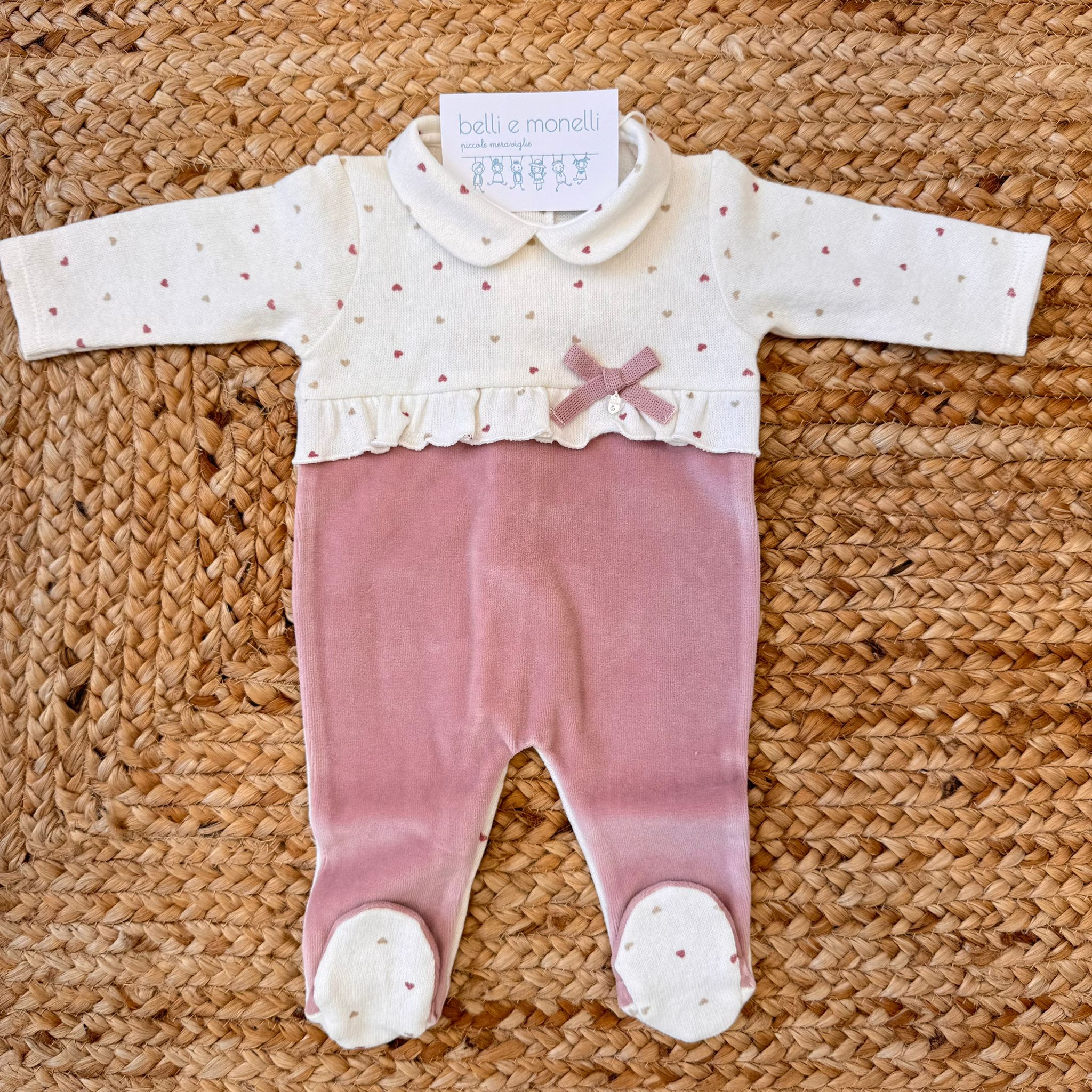 Tutina neonata caldo cotone e ciniglia con cuoricini rosa