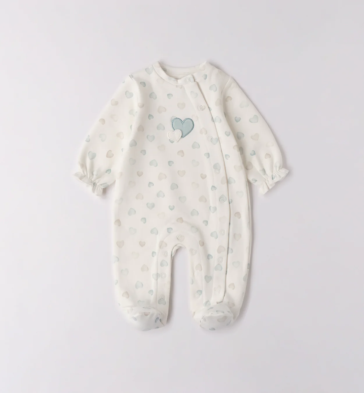 Tutina caldo cotone neonata cuori panna e turchese