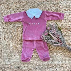 Tutina neonata ciniglia rosa con fiocchi ricamati