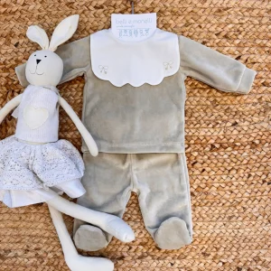 Tutina neonata ciniglia beige con colletto ricamato