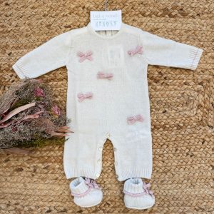 Tutina neonata in lana e cashmere panna con fiocchi rosa