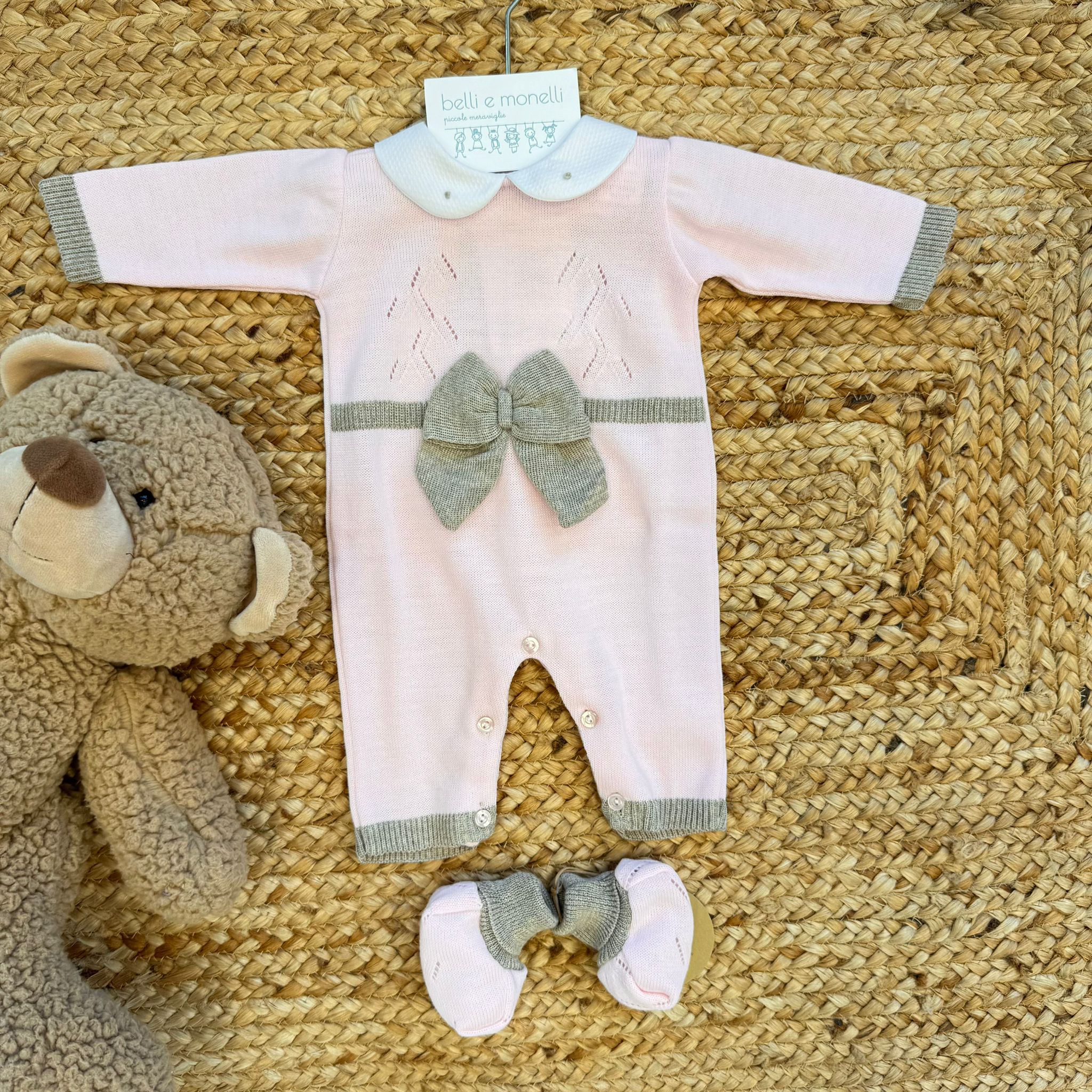 Tutina neonata misto lana rosa con fiocco tortora