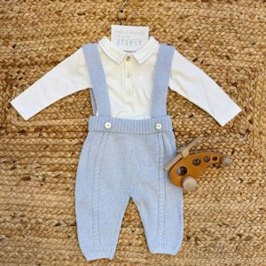 Tutina neonato azzurra con bretelle e camicia bianca
