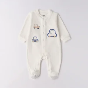 Tutina neonato in caldo cotone bianco con macchinine ricamate