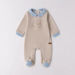 Tutina neonato ciniglia beige e celeste con orsetti ricamati