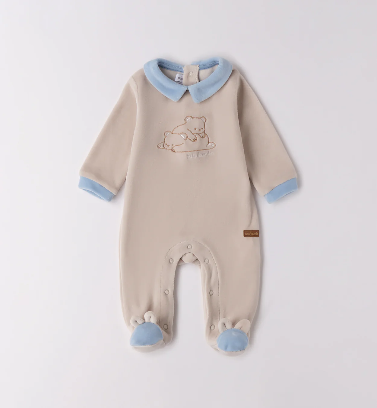 Tutina neonato ciniglia beige e celeste con orsetti ricamati