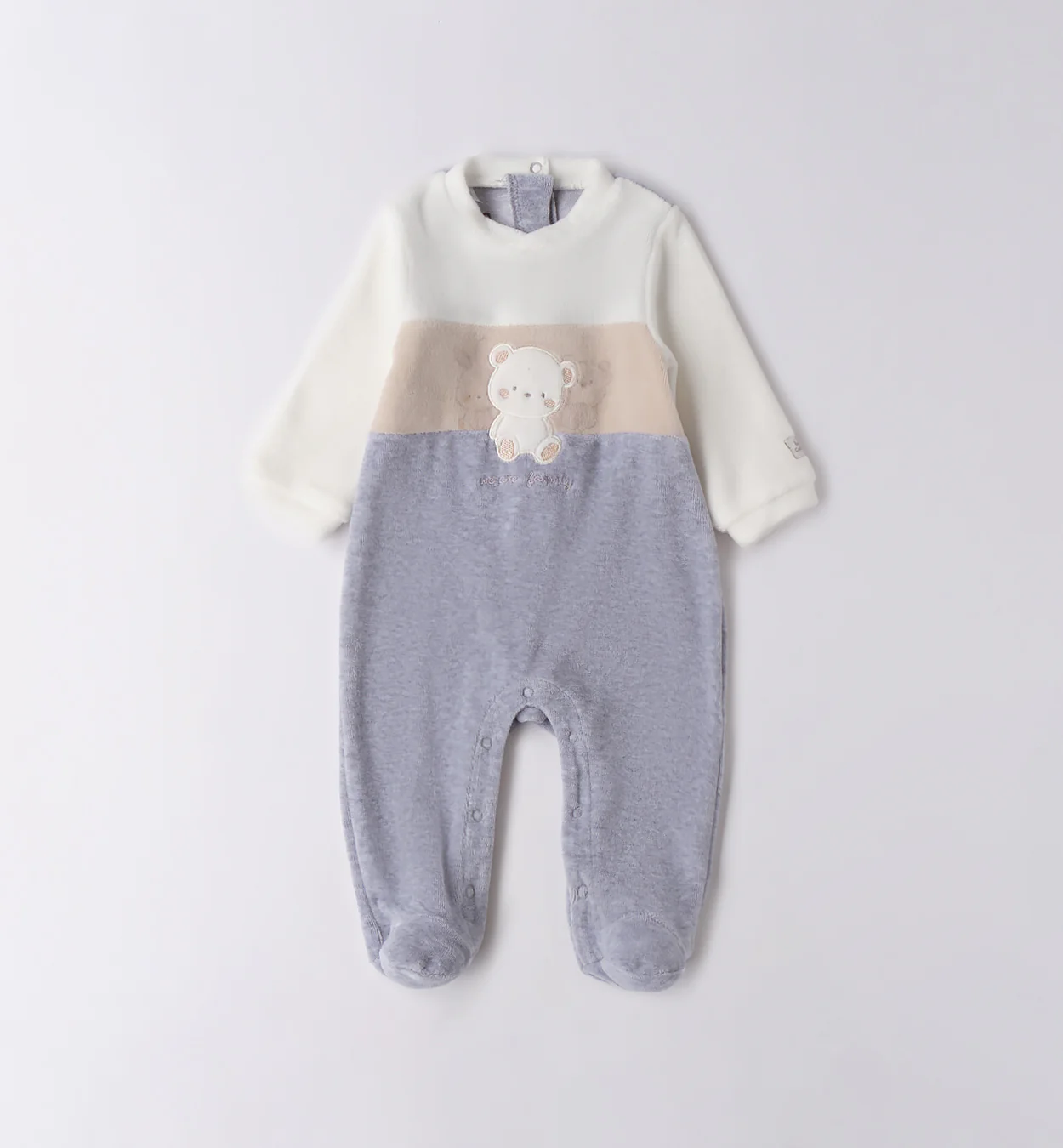 Tutina neonato/a ciniglia panna beige e grigio con orsetto - immagine 2