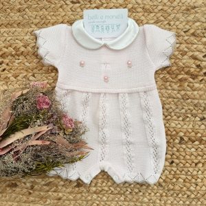 Pagliaccetto neonata in cotone 100% rosa cipria con colletto bianco
