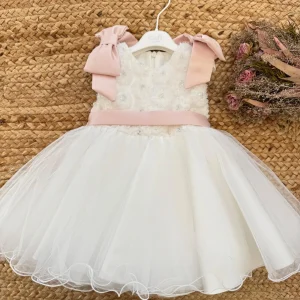 Abito da battesimo bimba avorio con fiocchi rosa e gonna in tulle