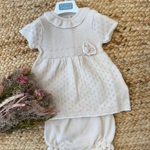 Abitino con culotte neonata beige 100% cotone