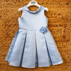 ABITO AZZURRO CON FIORE E GONNA A PIEGHE