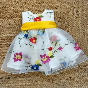 ABITO FIORI RICAMATI CON FIOCCO GIALLO