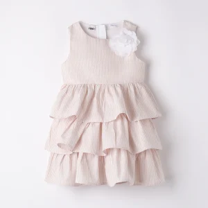 ABITO BAMBINA A BALZE CON RIGHE BEIGE E FIORE BIANCO